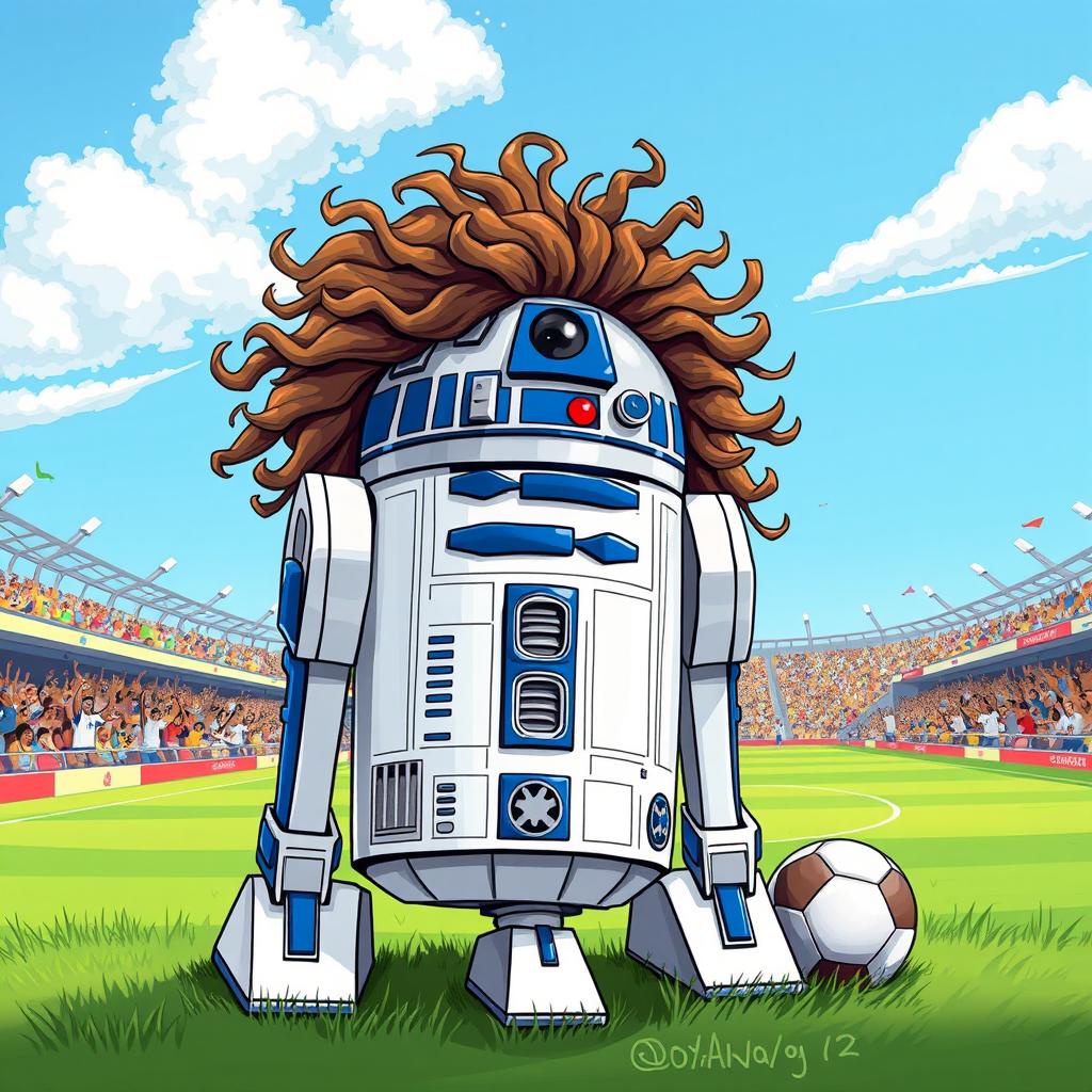 A whimsical illustration of R2-D2 from Star Wars, featuring the iconic curly hair of the footballer Ronaldinho, with lively, bouncy curls atop the droid's metallic body