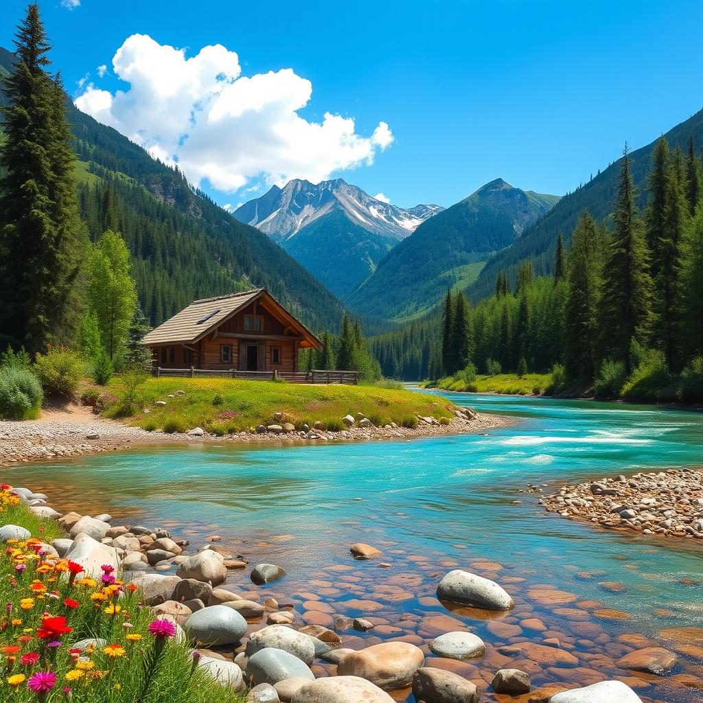 Create a picturesque landscape featuring a cozy cottage situated on the bank of a mountain river, surrounded by the stunning natural beauty of the Altai region