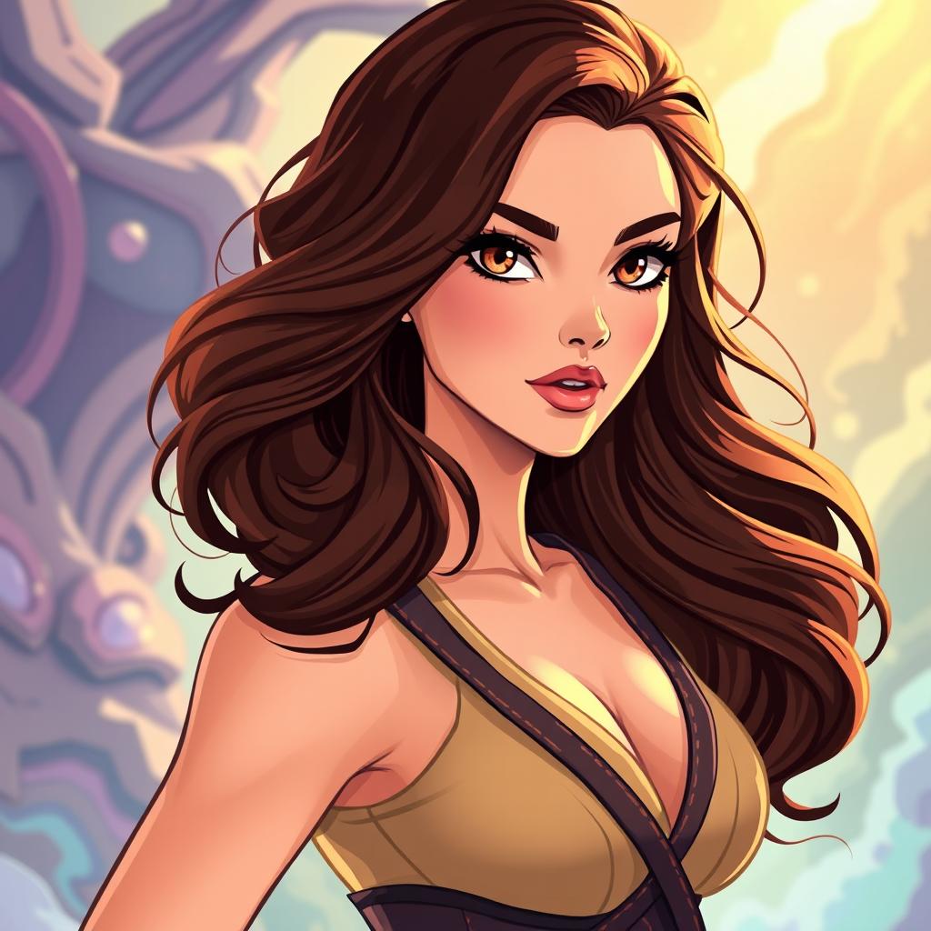 A woman with wavy brown hair and brown eyes, styled in the animation style of 'Solo Leveling'
