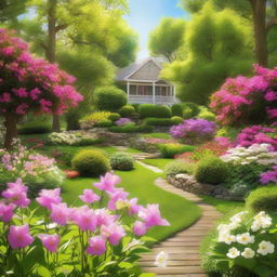 A serene spring scene, full of blooming flowers, lush greenery, and a bright, welcoming sun