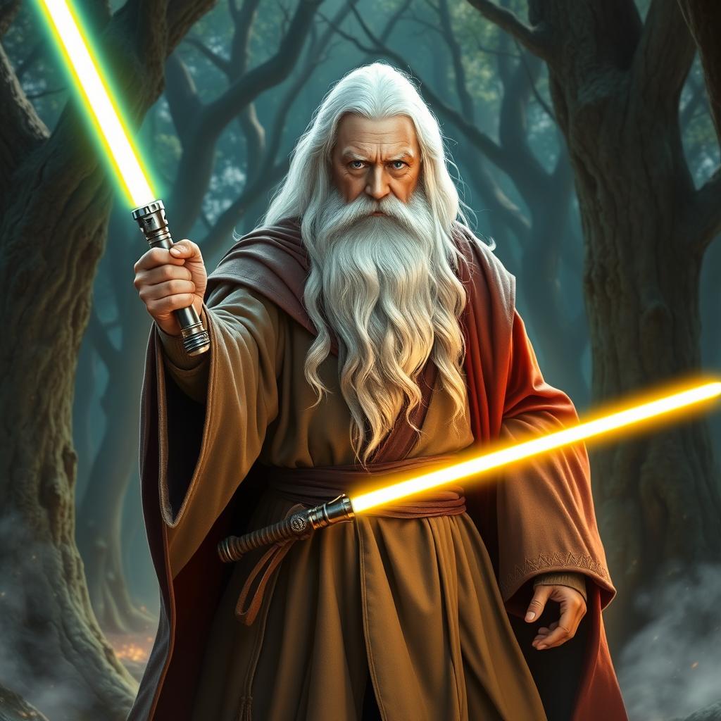 A powerful Gandalf depicted as a Jedi Master, dressed in a combination of traditional wizard robes and Jedi attire, wielding a glowing lightsaber