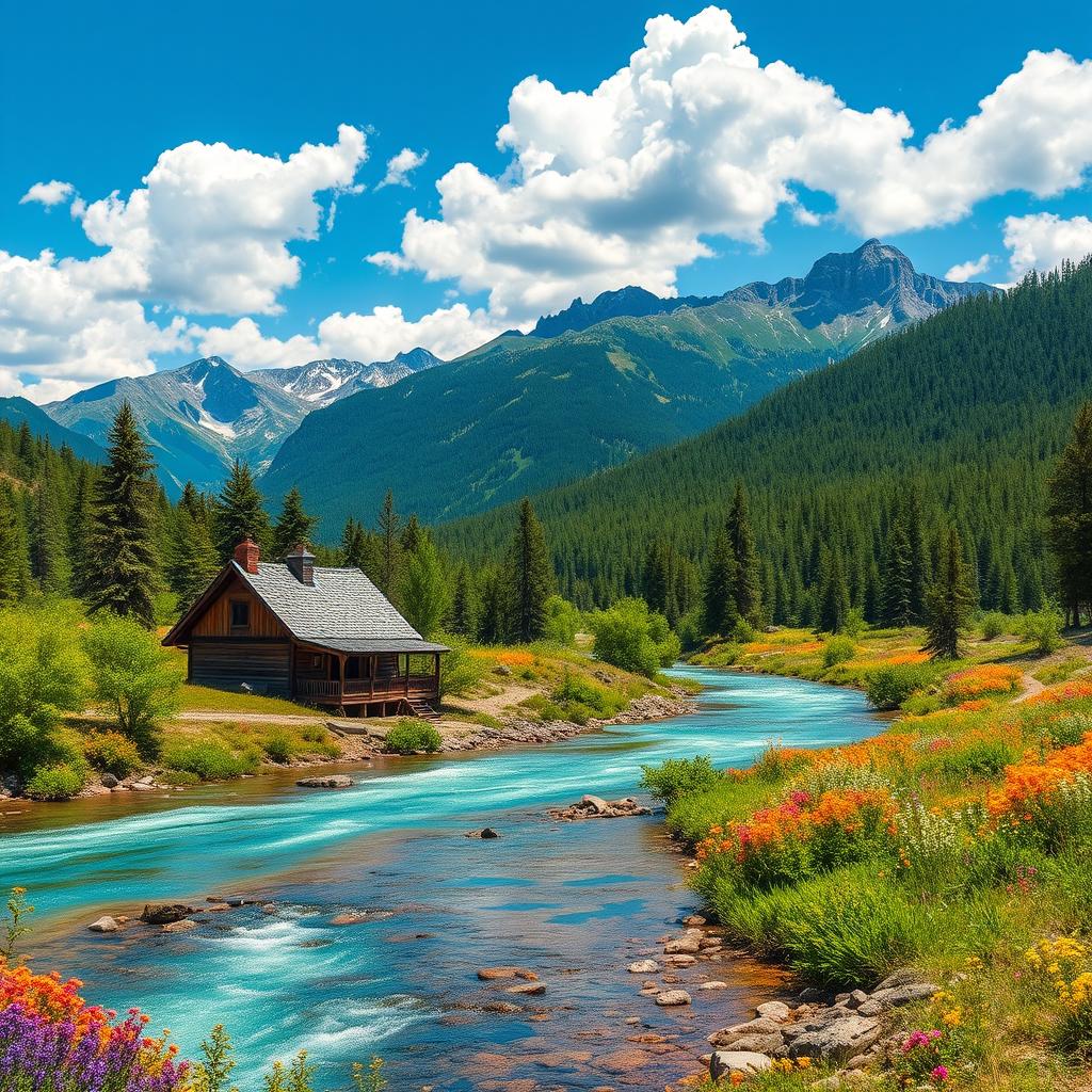 Create a beautiful landscape featuring a quaint cottage on the bank of a mountain river, with the stunning Altai nature as the backdrop
