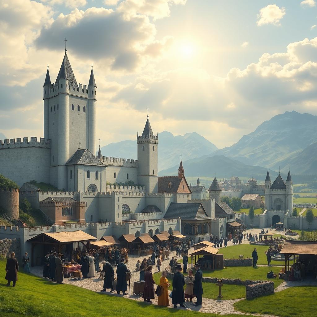 A breathtaking depiction of Minas Tirith set in the 19th century, showcasing its towering white walls and elegant architecture reminiscent of ancient Gondorian styles