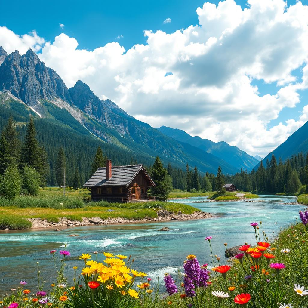 Create a picturesque landscape featuring a charming cottage situated on the bank of a mountain river, framed by the stunning natural beauty of the Altai region