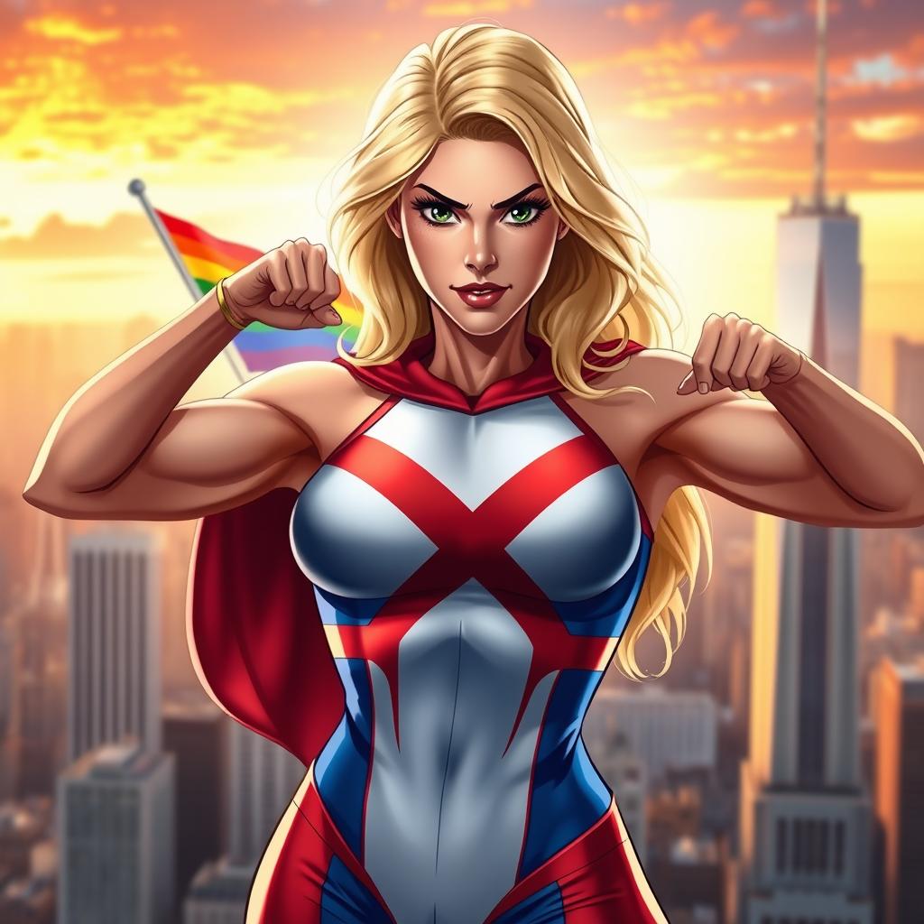 A powerful and confident female superhero, inspired by Power Girl, depicted in a striking pose that showcases her muscular physique