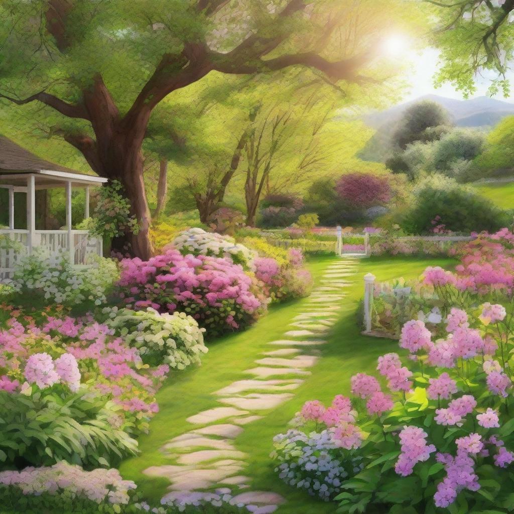 A serene spring scene, full of blooming flowers, lush greenery, and a bright, welcoming sun