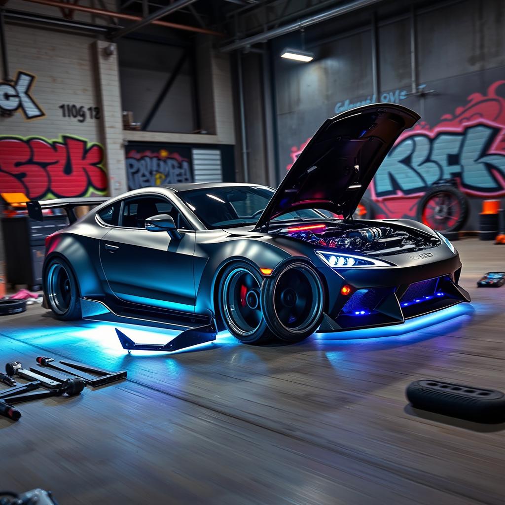 A highly detailed custom car modification scene showcasing a sleek, modern sports car with an aggressive aerodynamic body kit, vibrant neon underglow lights, oversized alloy wheels, and a unique matte finish paint job