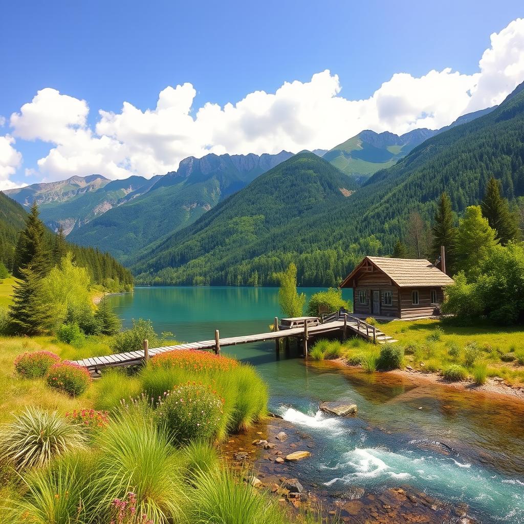 Create a scenic landscape featuring a charming cottage located on the bank of a mountain river, complemented by a wooden pier extending into the crystal-clear water