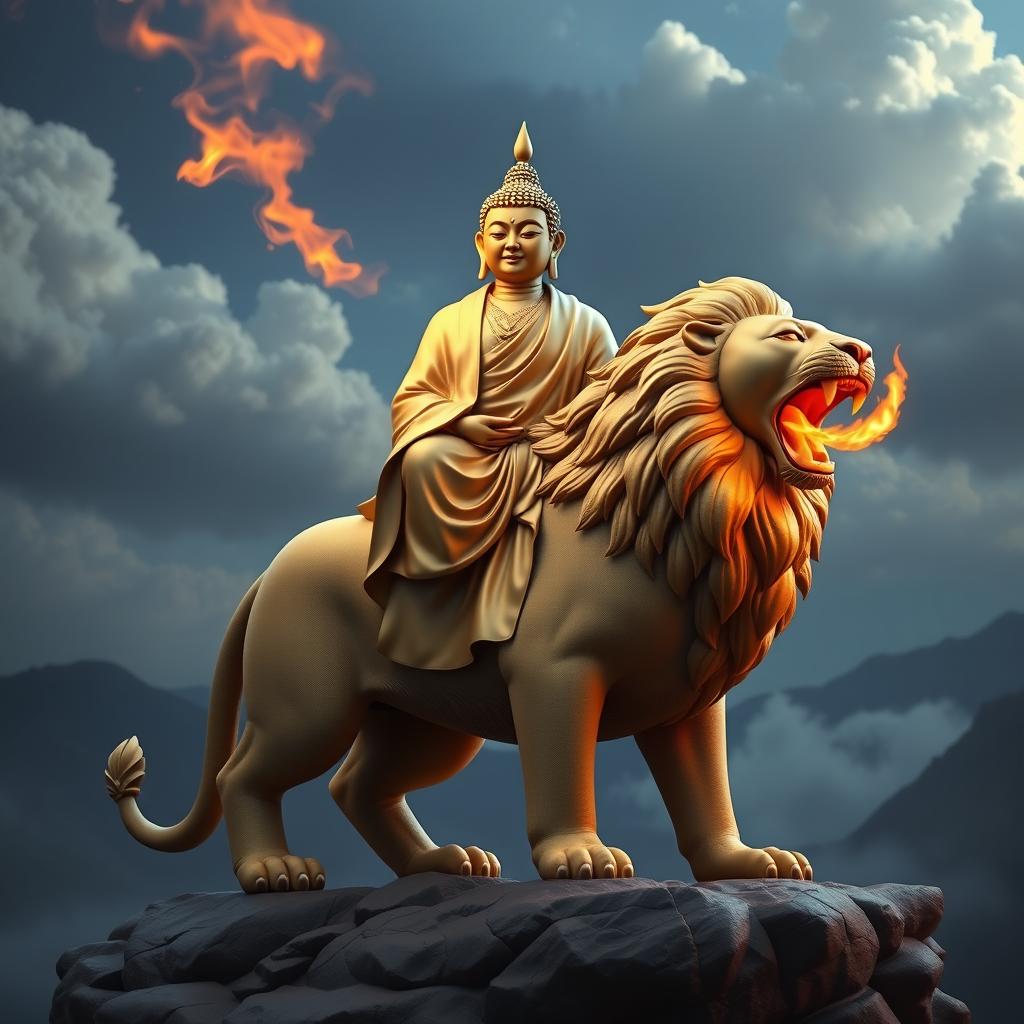 A detailed 3D image of Buddha dressed in a golden robe, seated majestically on the back of a lion