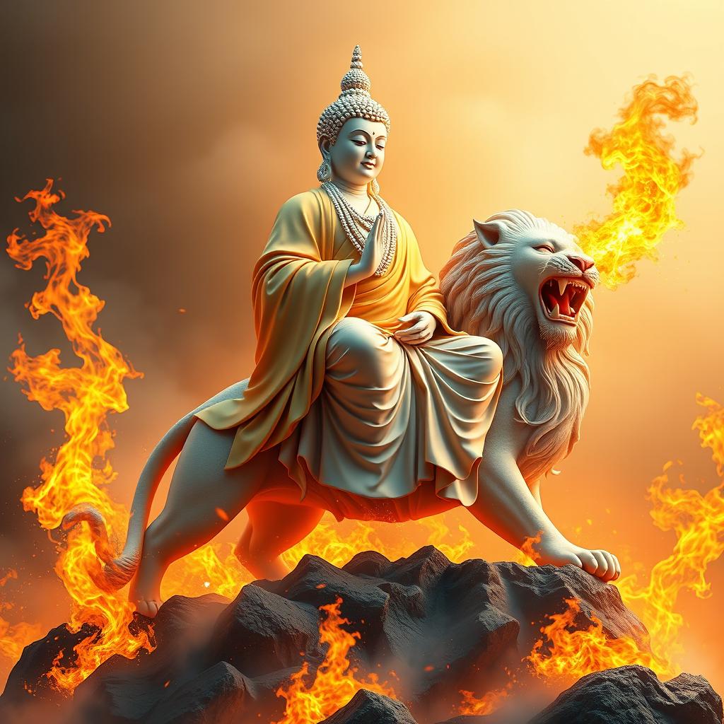 A stunning 3D image of a white-skinned Buddha, resembling luminous pearls, wearing a golden robe (kasaya), seated majestically on the back of a lion