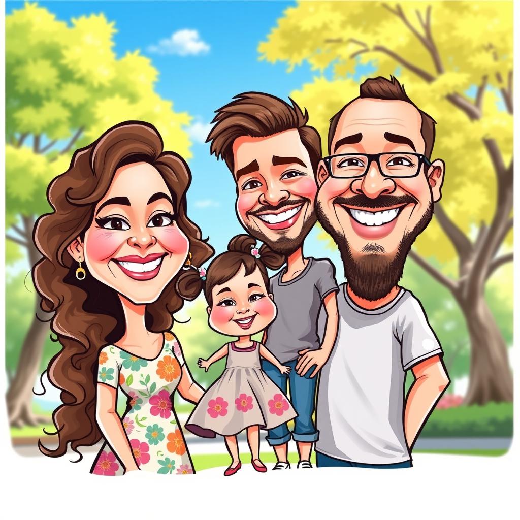 A vibrant and colorful caricature of a family consisting of a mom, dad, and daughter