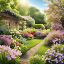 A serene spring scene, full of blooming flowers, lush greenery, and a bright, welcoming sun