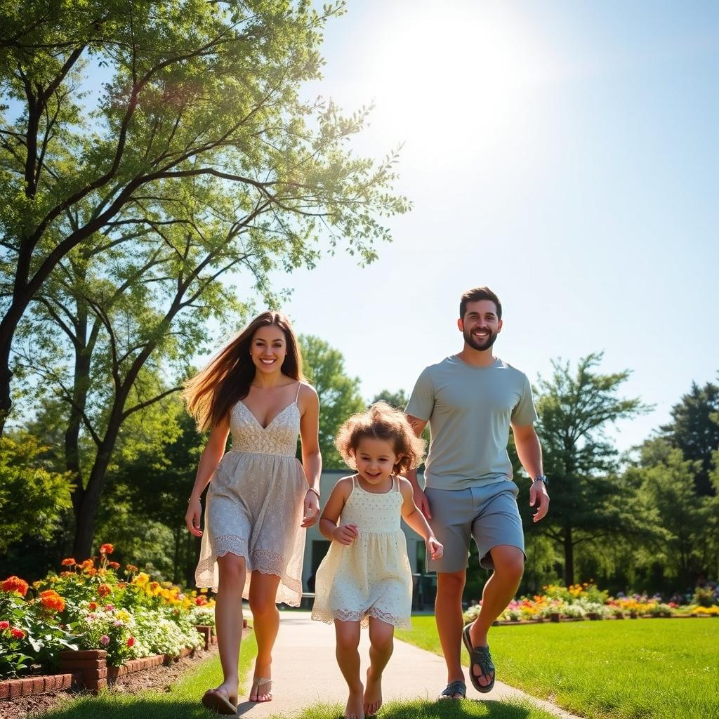 A happy family of three enjoying a sunny day at a park