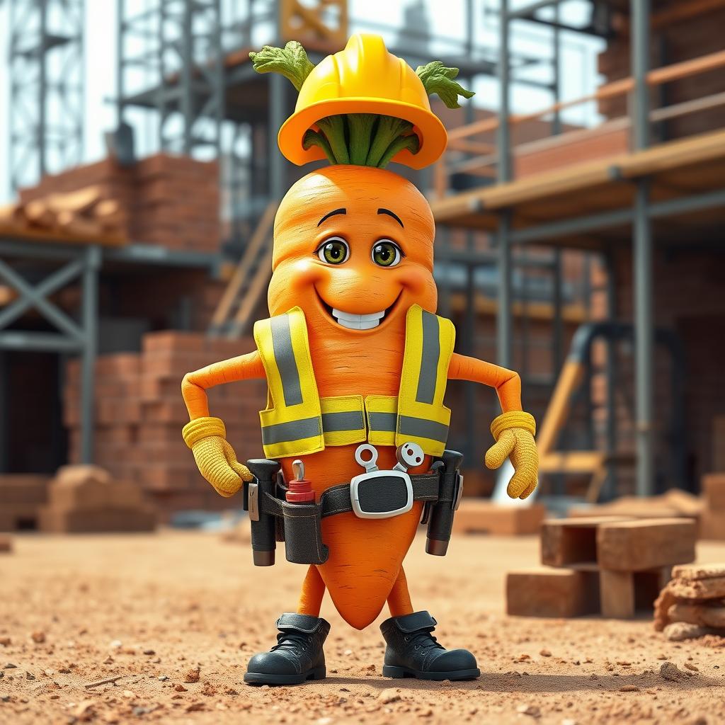 A realistic depiction of a carrot character with arms and legs, designed as a construction worker