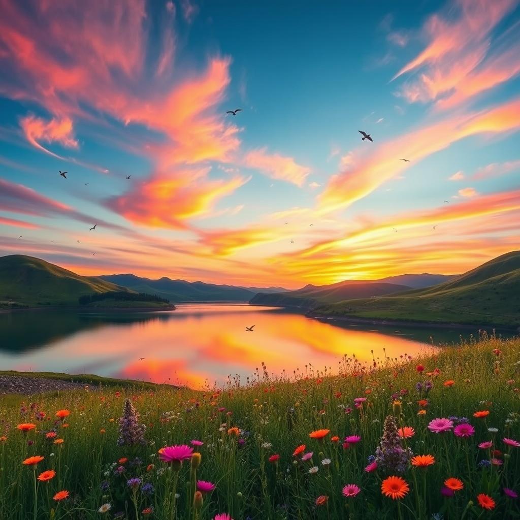A serene landscape featuring a tranquil lake reflecting the vibrant colors of a sunset sky