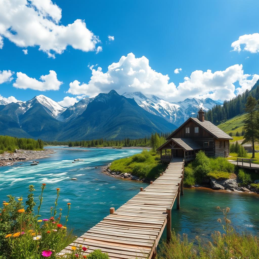 A picturesque landscape featuring a quaint cottage situated on the banks of a deep mountain river