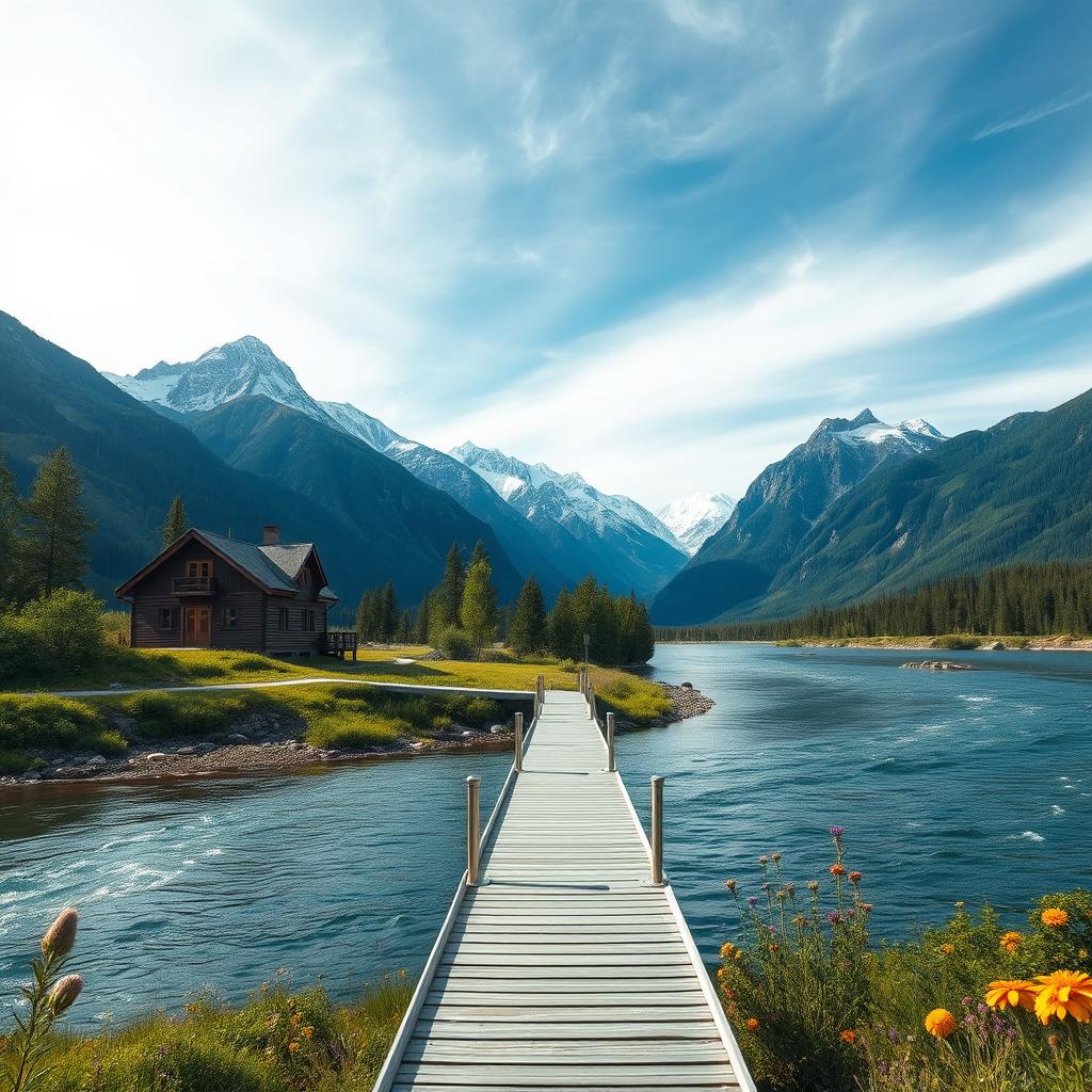 A serene landscape showcasing a charming cottage located on the banks of a deep mountain river