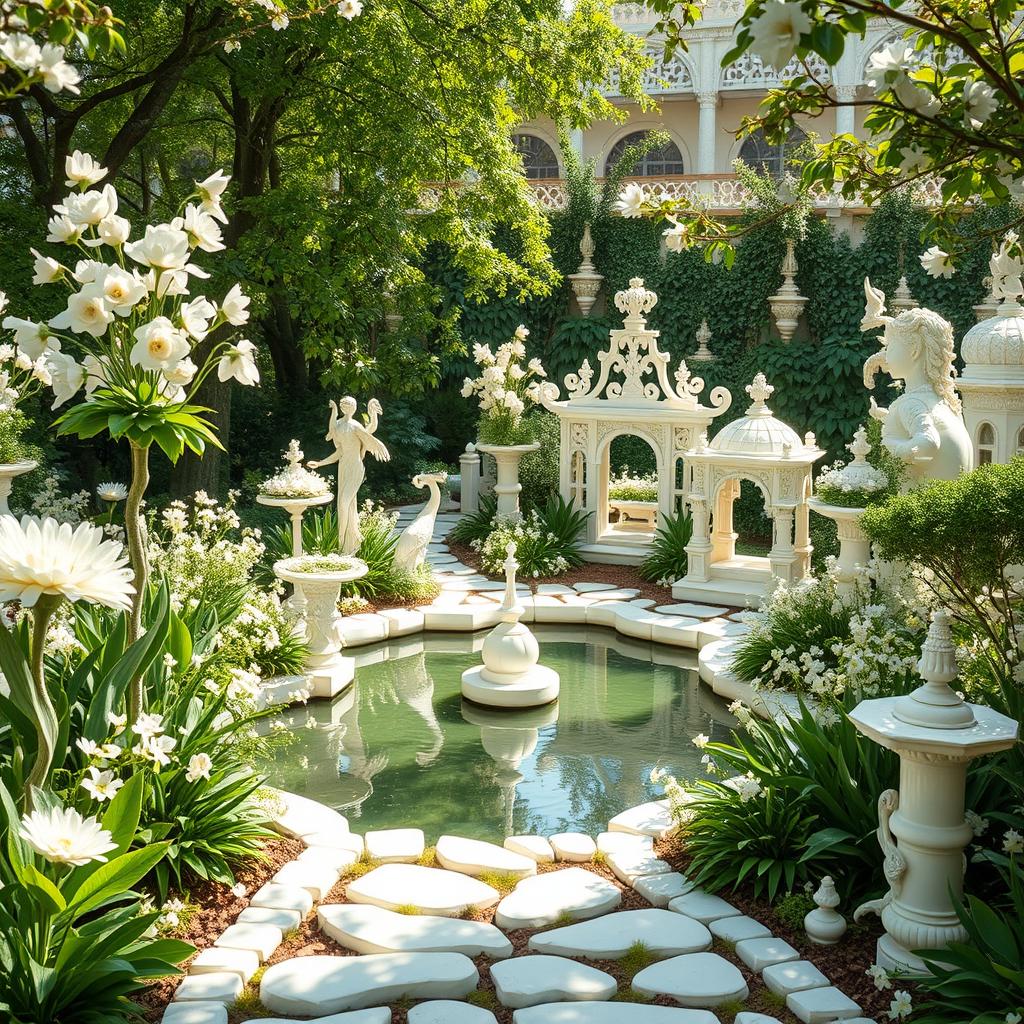 A beautiful and serene garden made entirely of ivory, showcasing intricate sculptures and elegant designs