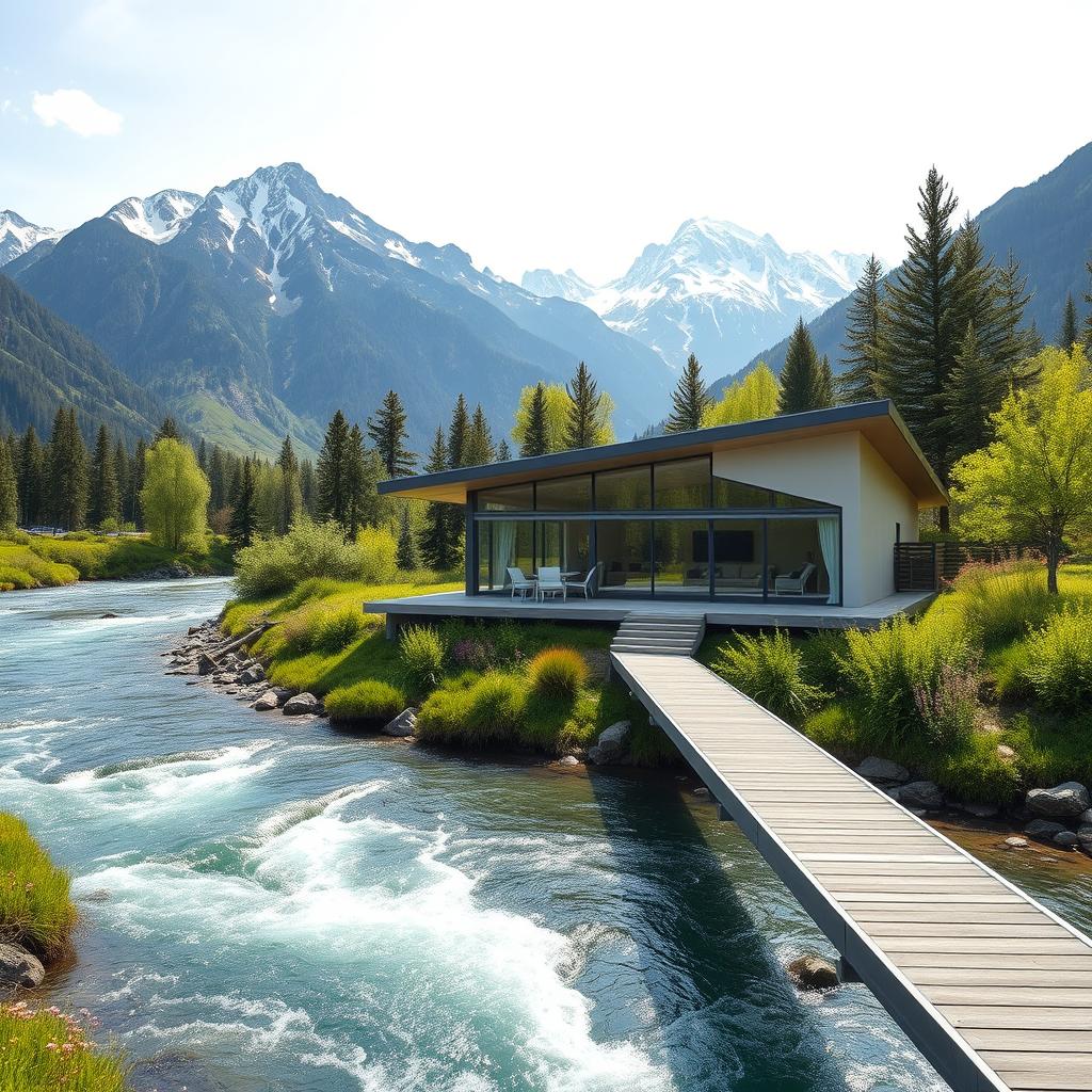 A modern-style cottage situated on the banks of a deep mountain river, showcasing sleek architectural lines and large glass windows that reflect the surrounding beauty