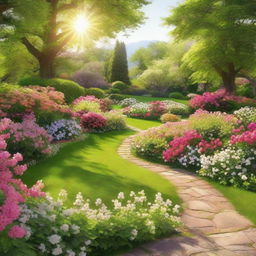 A serene spring scene, full of blooming flowers, lush greenery, and a bright, welcoming sun