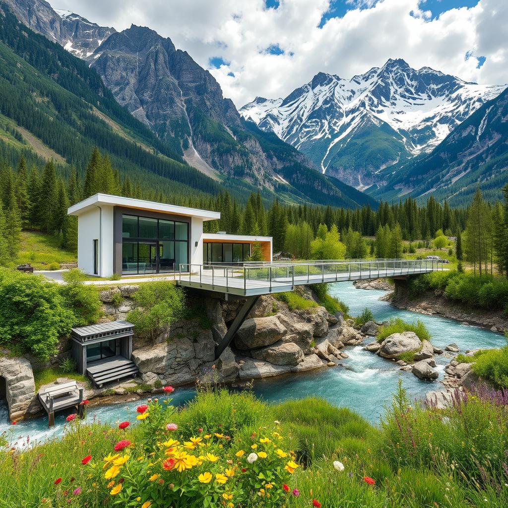 A stunning landscape featuring a modern-style cottage located on the banks of a deep mountain river