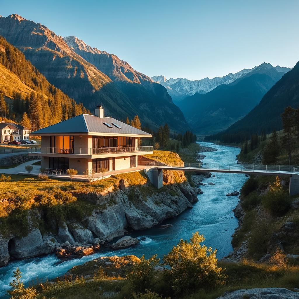 A beautiful modern-style house located on the bank of a deep mountain river, featuring a sleek design with large windows