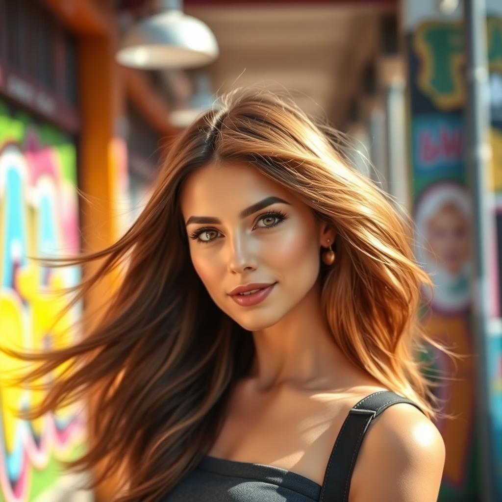 A stunning woman with beautiful flowing brown hair, wearing a stylish outfit, standing in a vibrant urban setting, with colorful street art in the background and bright sunlight illuminating her features
