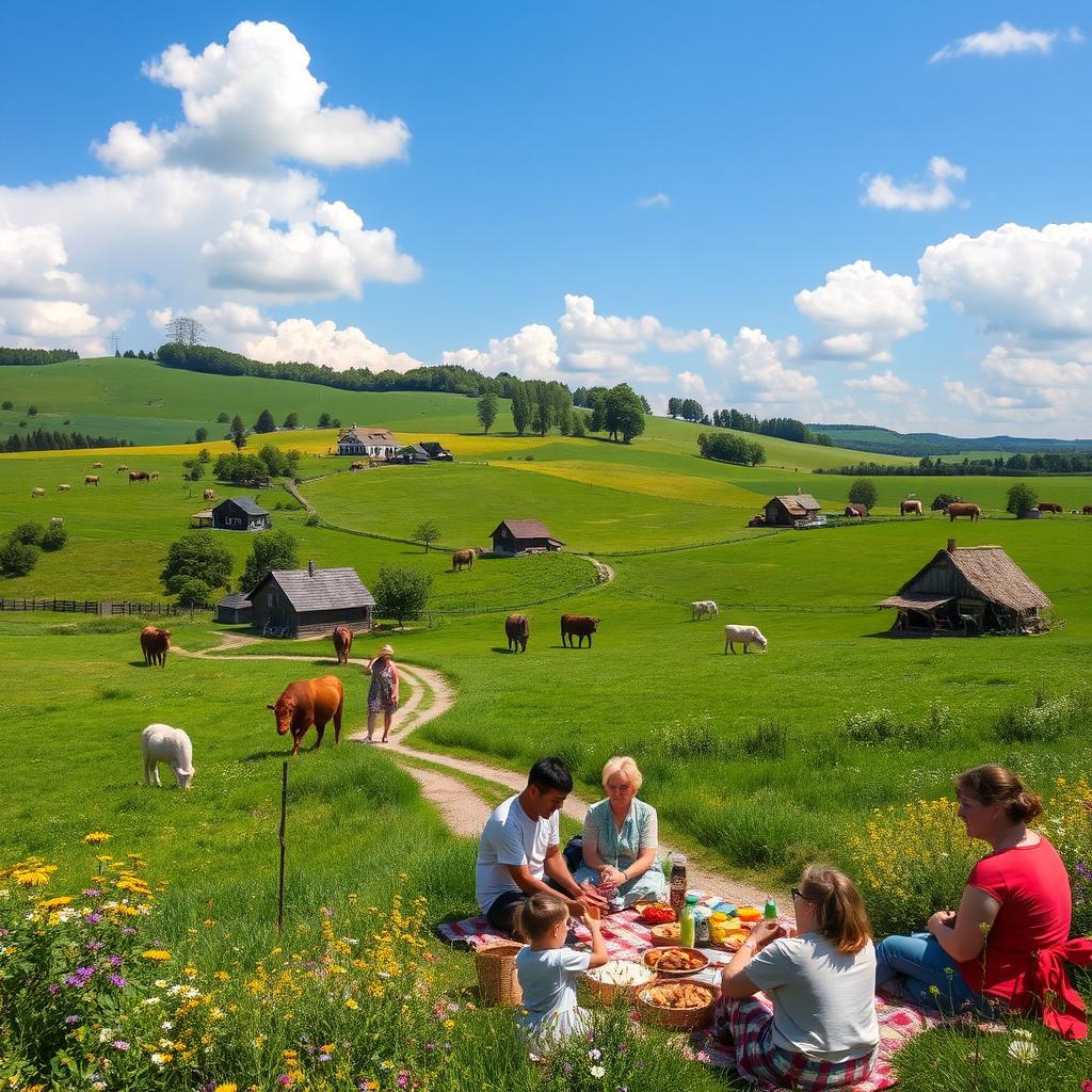 A picturesque rural landscape showcasing a vibrant countryside, featuring lush green fields, charming farmhouses, and grazing livestock