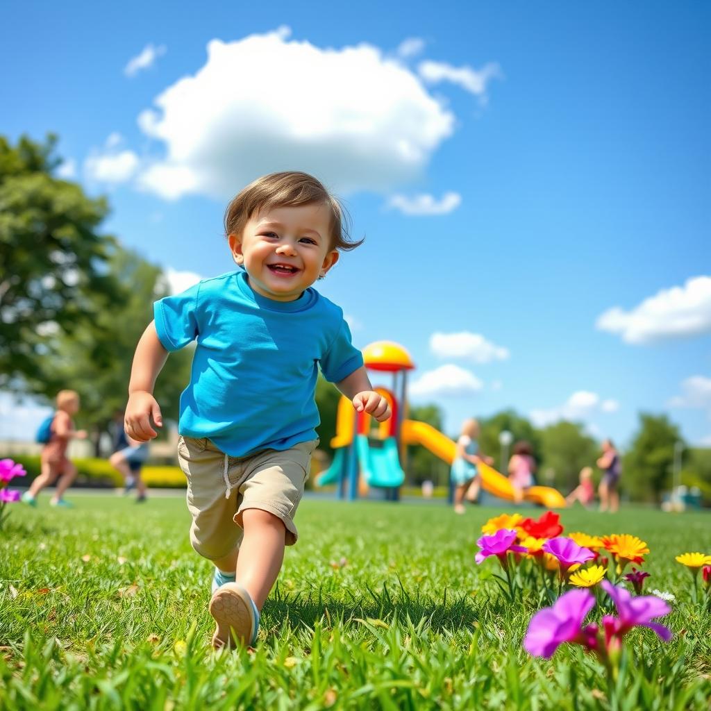 A lively toddler playing in a sunny park, wearing a bright blue t-shirt and khaki shorts, with a big smile on his face as he runs towards a colorful playground