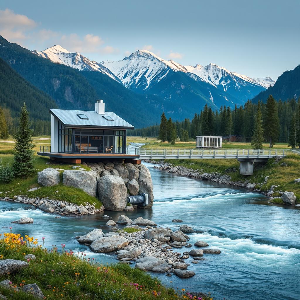 A captivating landscape featuring a modern-style cottage situated on the banks of a deep mountain river, with sleek architectural lines and large glass windows that reflect the stunning surroundings