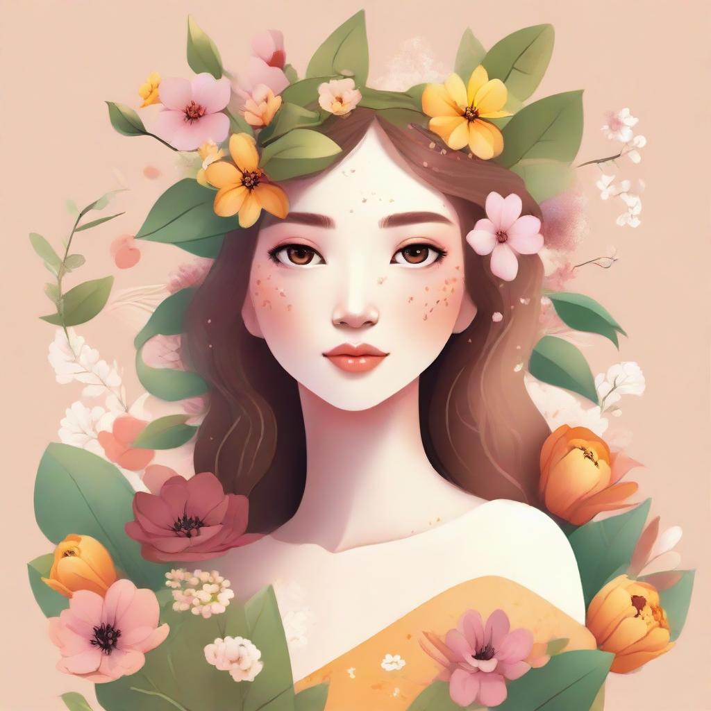 A creative depiction of Spring personified as a character, adorned with elements such as blooming flowers, fresh leaves, and a warm color palette