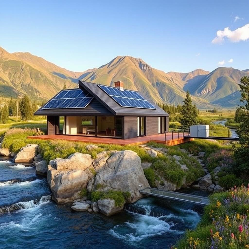 A picturesque landscape featuring a modern-style cottage located on the banks of a deep mountain river