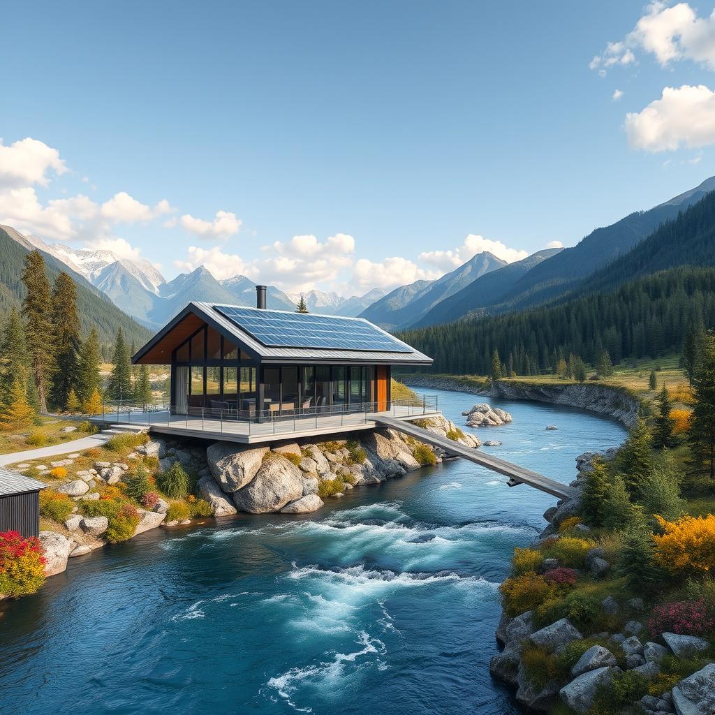 A breathtaking landscape featuring a modern-style cottage situated on the banks of a deep mountain river