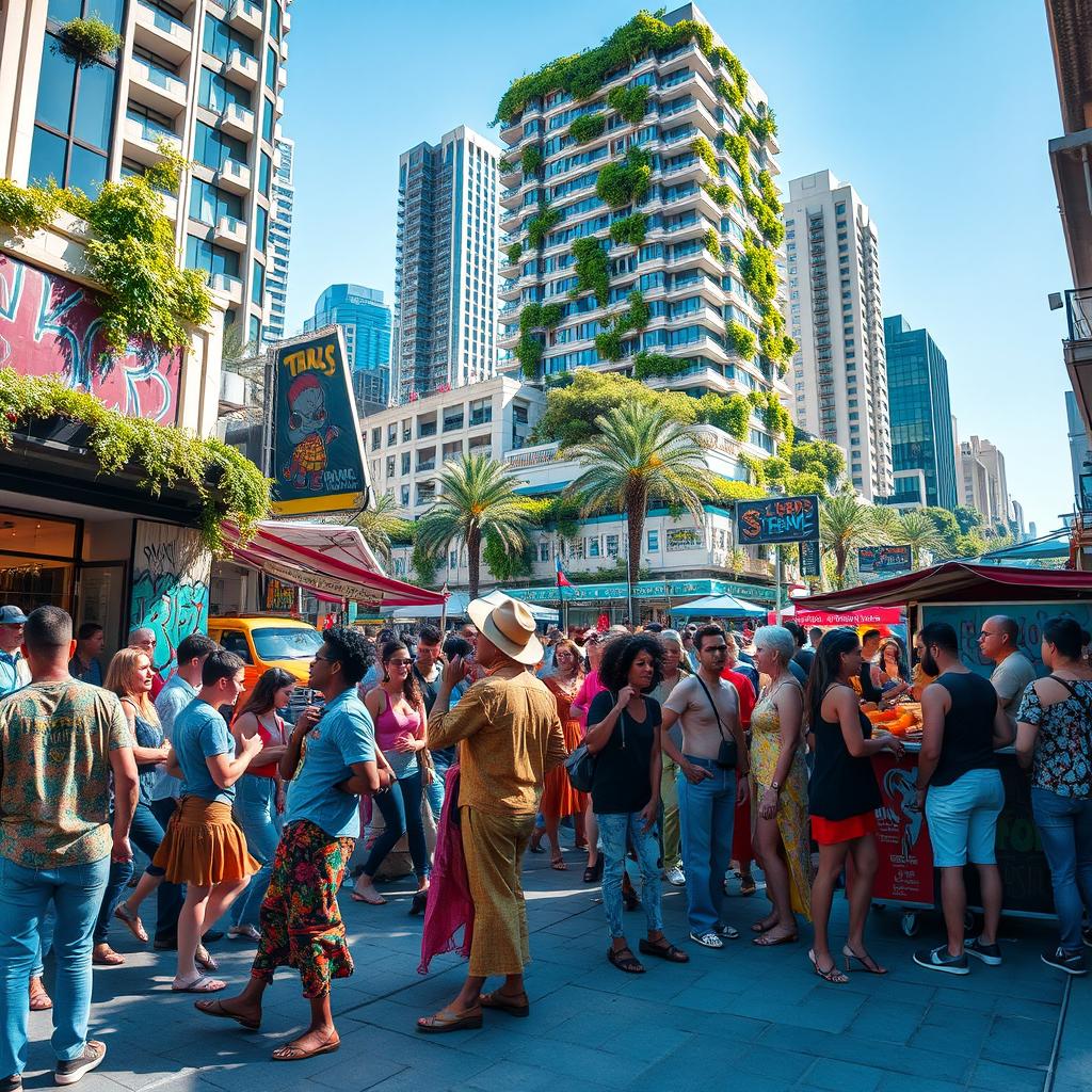 A vibrant street scene in a bustling urban area with a lively atmosphere, featuring a diverse group of people dressed in colorful and stylish clothing