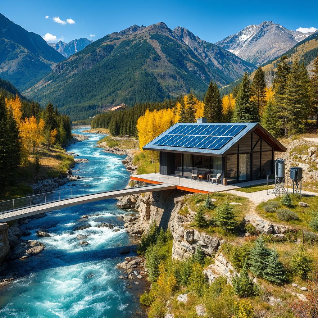 A stunning landscape featuring a modern-style cottage located on the banks of a deep mountain river, designed with sleek lines and large glass windows that maximize views of the surrounding nature