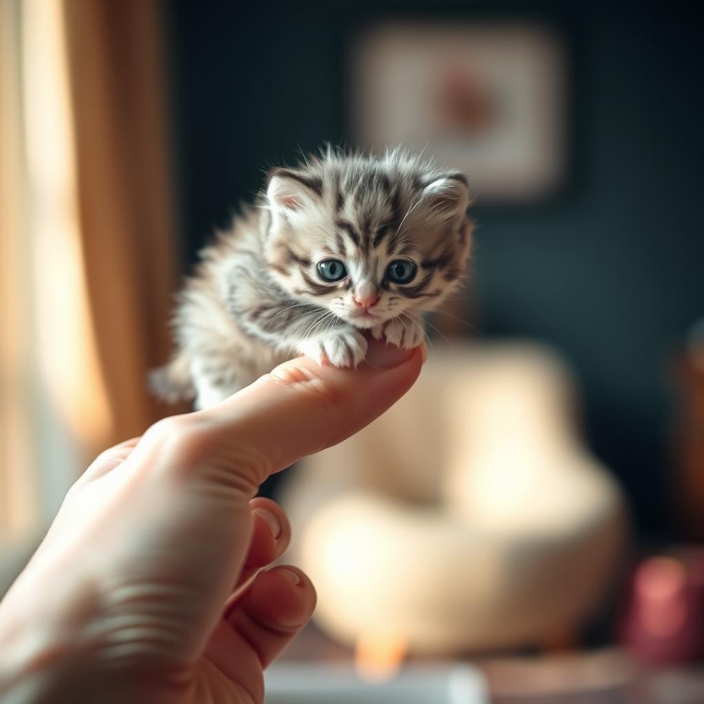 A small, adorable kitten perched delicately on the fingertip of a human hand