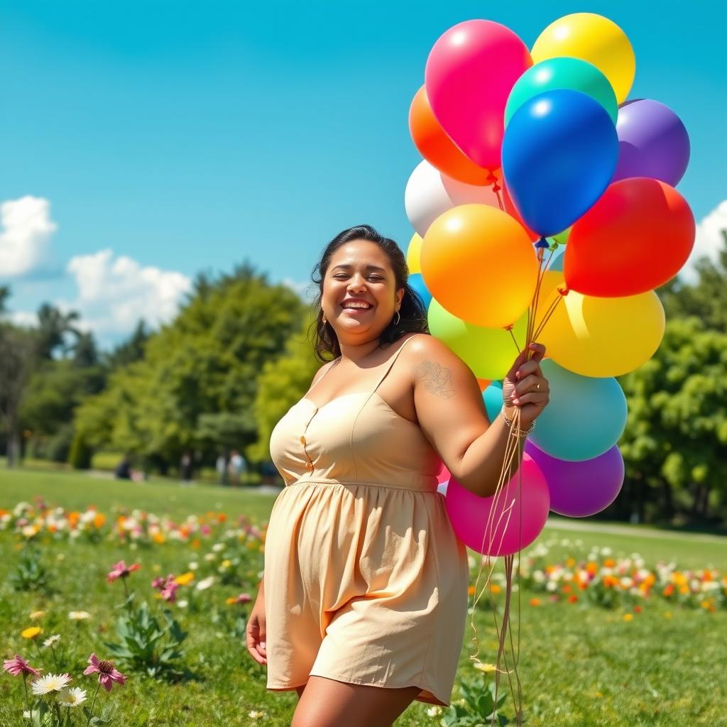 A cheerful chubby woman joyfully holding a bunch of colorful balloons, standing in a vibrant park setting filled with green grass and blooming flowers