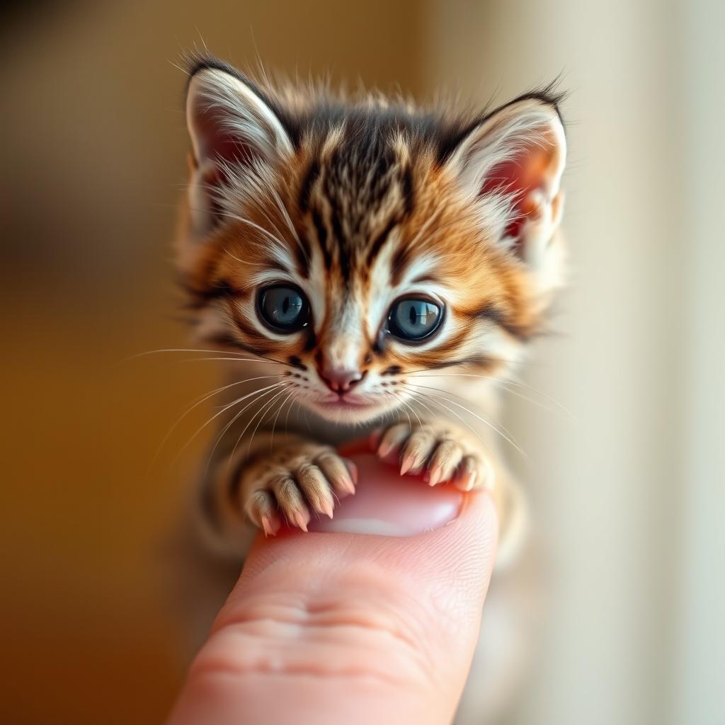 A small kitten sitting on a human's finger, with intricate details of the kitten's fur texture and bright, sparkling eyes