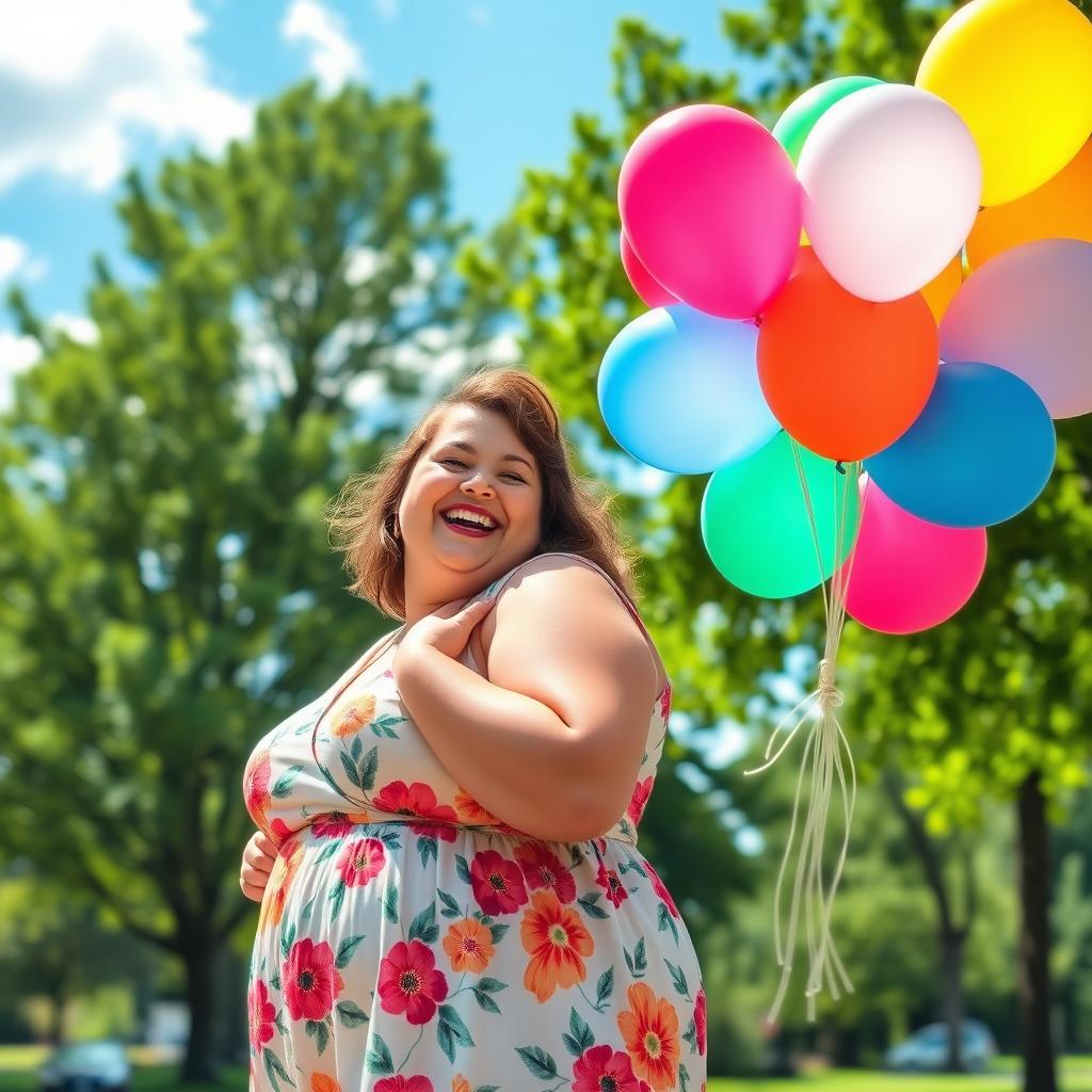 A cheerful chubby woman in a vibrant park, joyfully holding a bunch of colorful balloons