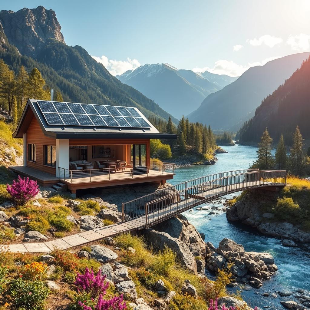 A captivating landscape featuring a modern-style cottage situated on the banks of a deep mountain river