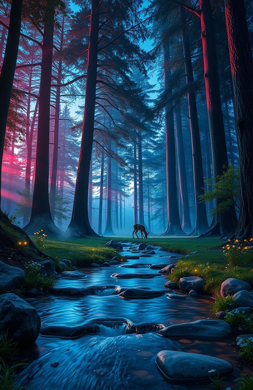 A serene and enchanting forest scene at twilight, with vibrant colors reflecting off the cool blue sky