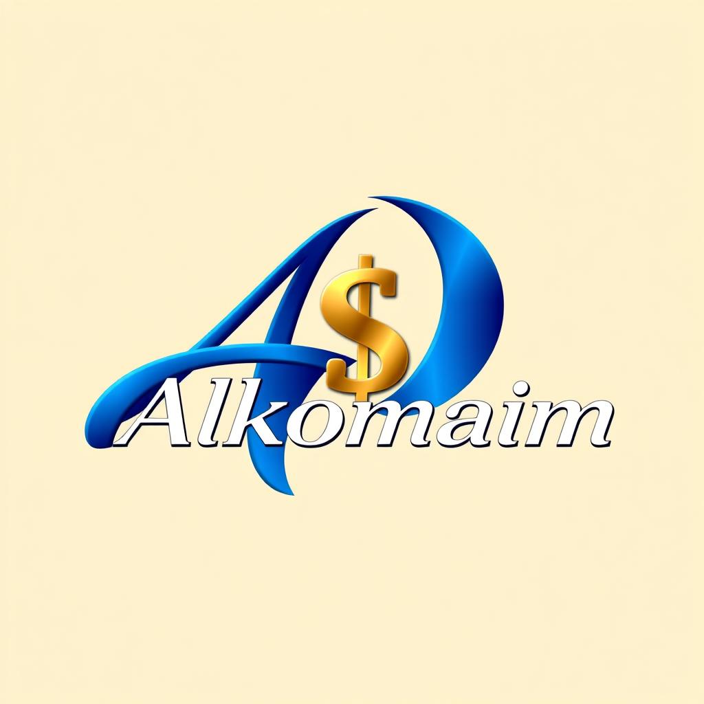 A visually striking logo in golden and blue colors that features the name 'Alkomaim' with a creative twist: replace the letter 'A' with a stylized dollar sign ($)