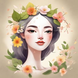 A creative depiction of Spring personified as a character, adorned with elements such as blooming flowers, fresh leaves, and a warm color palette