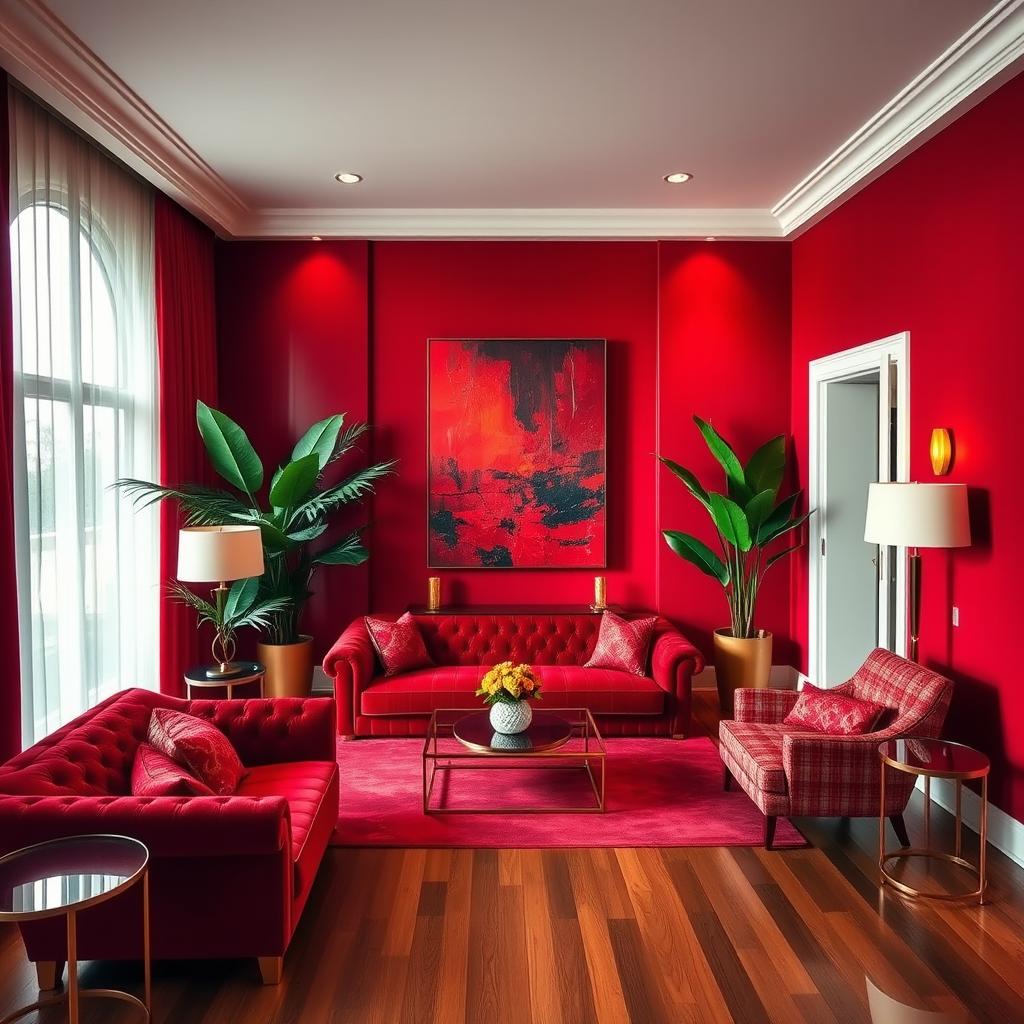 A luxurious interior space dominated by rich red hues, featuring elegant and contemporary furniture