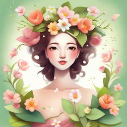 A creative depiction of Spring personified as a character, adorned with elements such as blooming flowers, fresh leaves, and a warm color palette