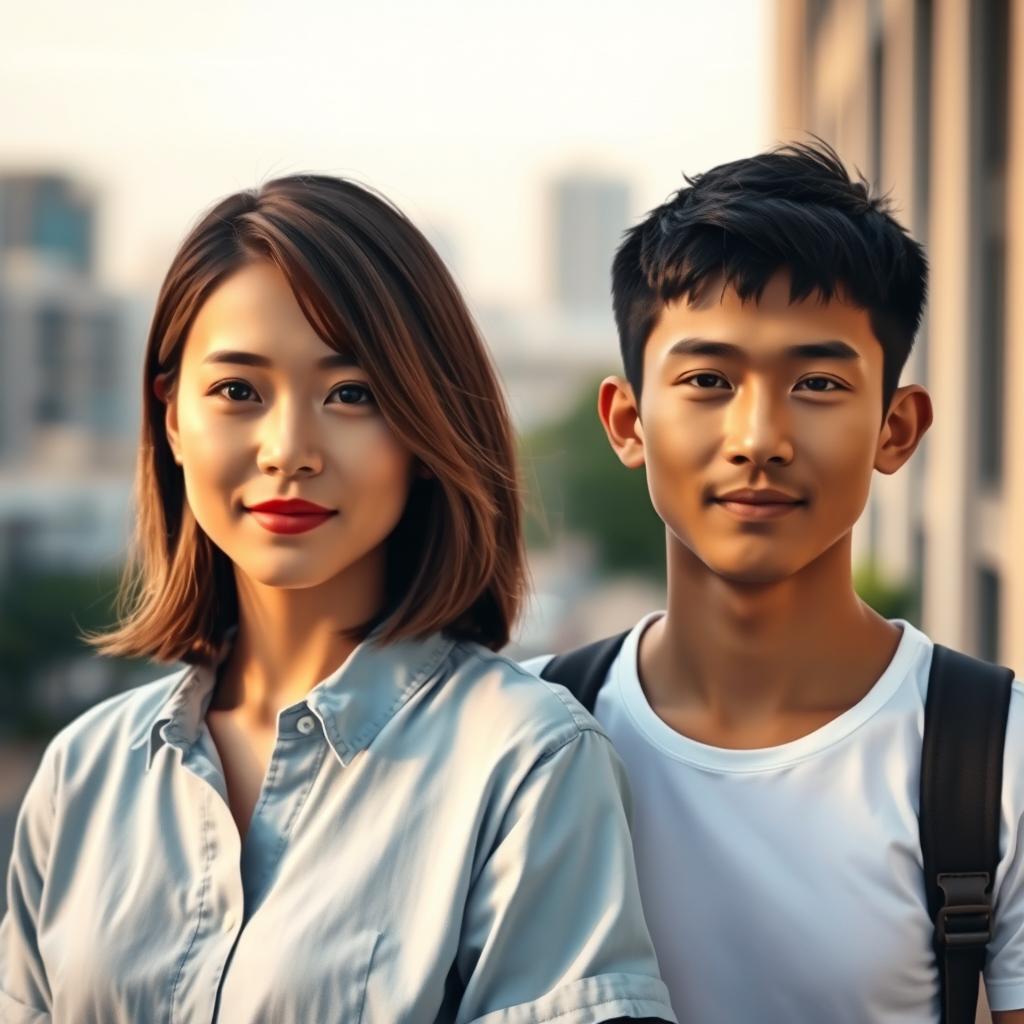 A composite image featuring two individuals standing close together in a realistic way without altering their facial features