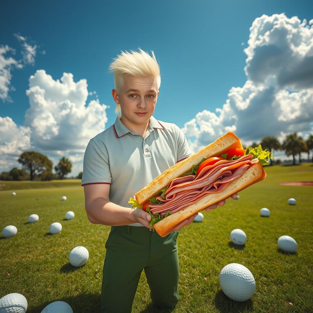 An albino golf player with a short mullet, showcasing striking pale skin and vibrant red eyes, stands confidently on a sprawling green golf course