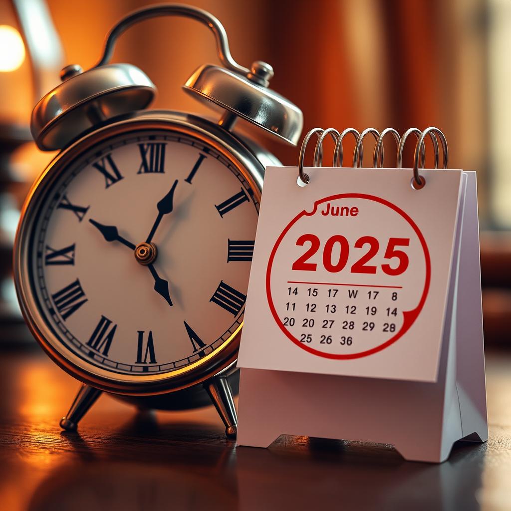 A detailed visual of a ticking clock with a classic design featuring Roman numerals, emphasizing the passing time with a countdown calendar prominently displayed nearby