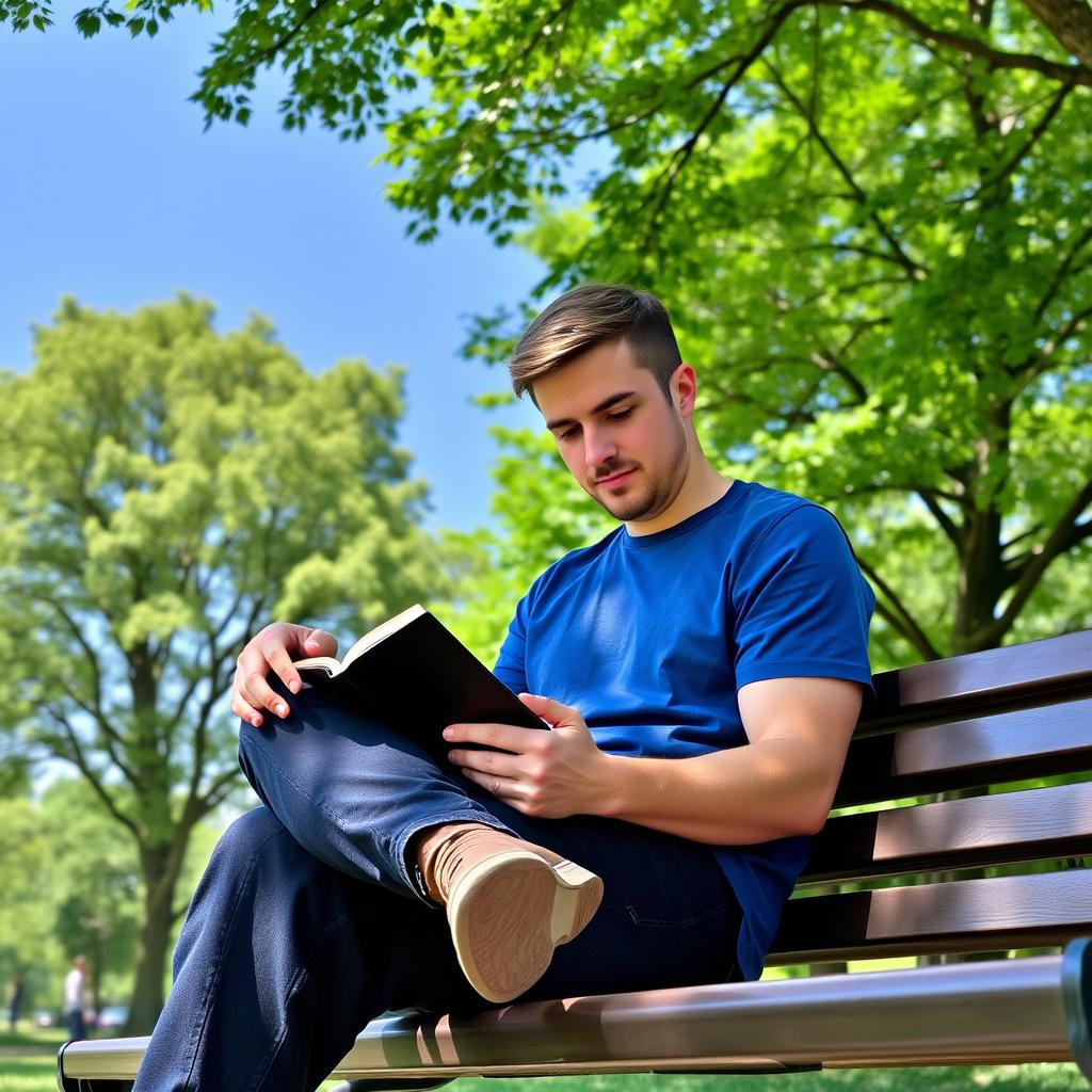 A man with short brown hair, wearing a casual blue t-shirt and dark jeans, sitting down casually on a park bench