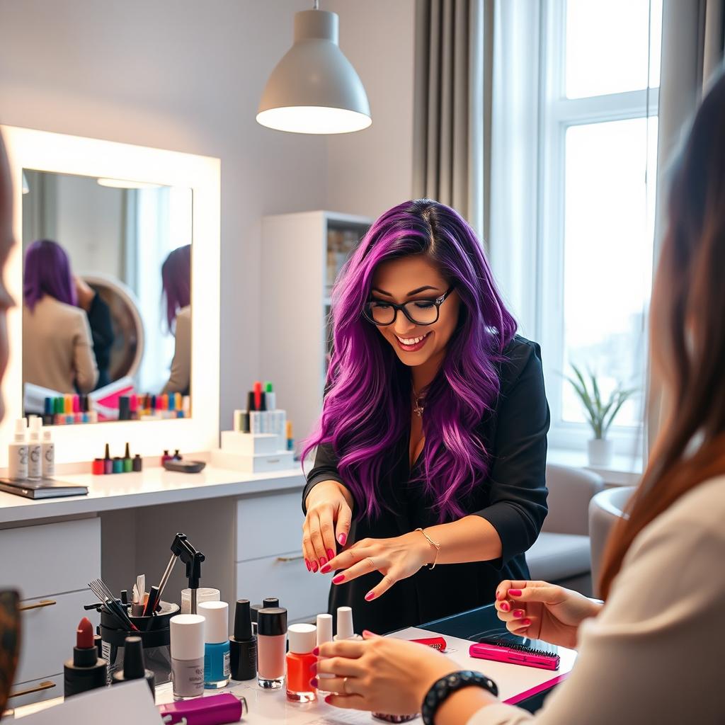 A nail instructor passionately demonstrating nail art techniques in a modern salon setting